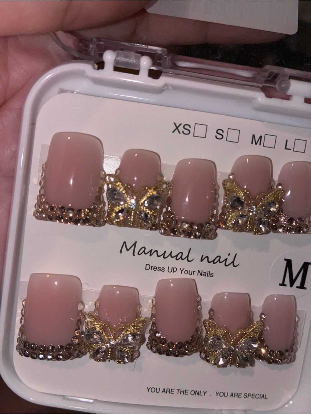 Manual Nail Pink Butterfly Crystal Press-On Nails by